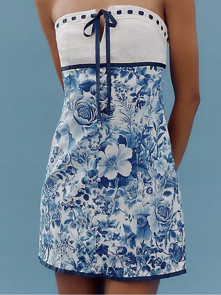 Anthropologie Maeve Floral Strapless Mini Dress Blue White Size S Tie Front